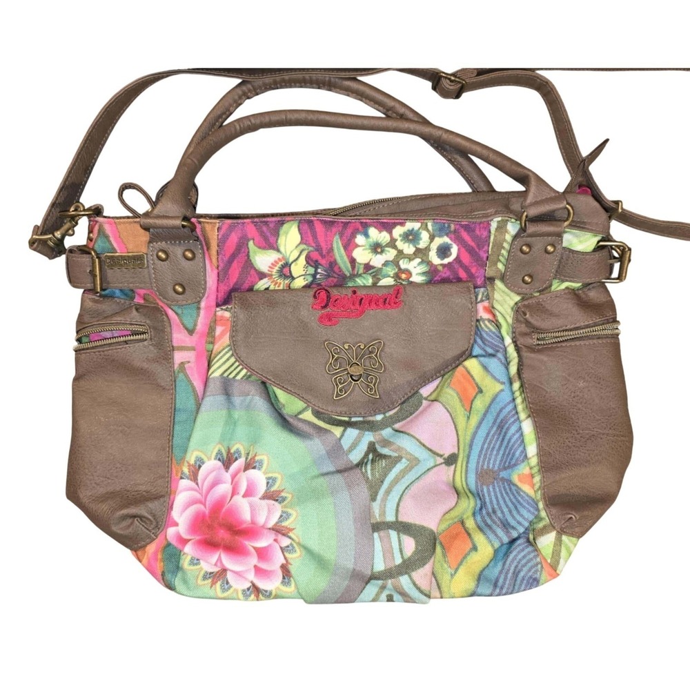 Desigual Satchel Floral Print Shoulder Bag Convertible Brown Colorful